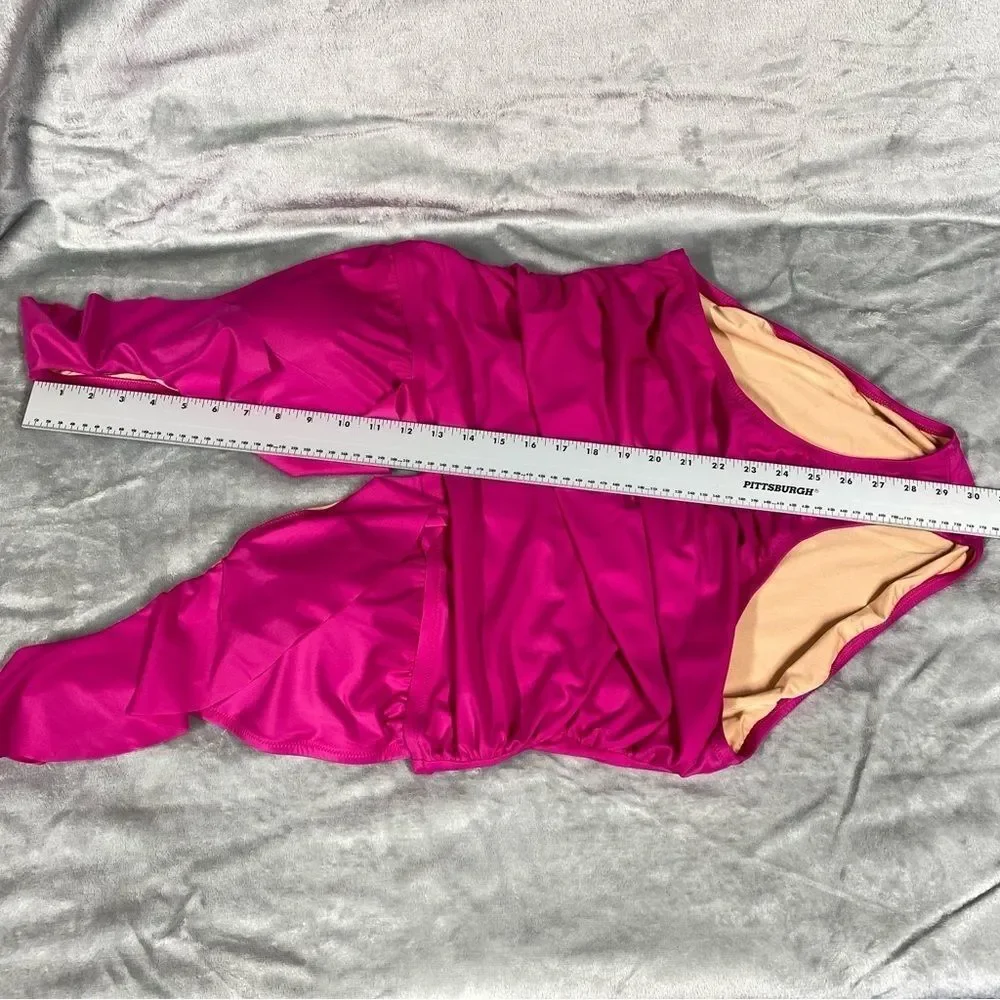 NEW J. Crew Ruched Ruffle One Piece Swimsuit Deep V Neck Size 20 Radiant Fuchsia
